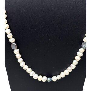 Vintage Estate 26" Long Freshwater Pearl Necklace White and Black Silver Clasp